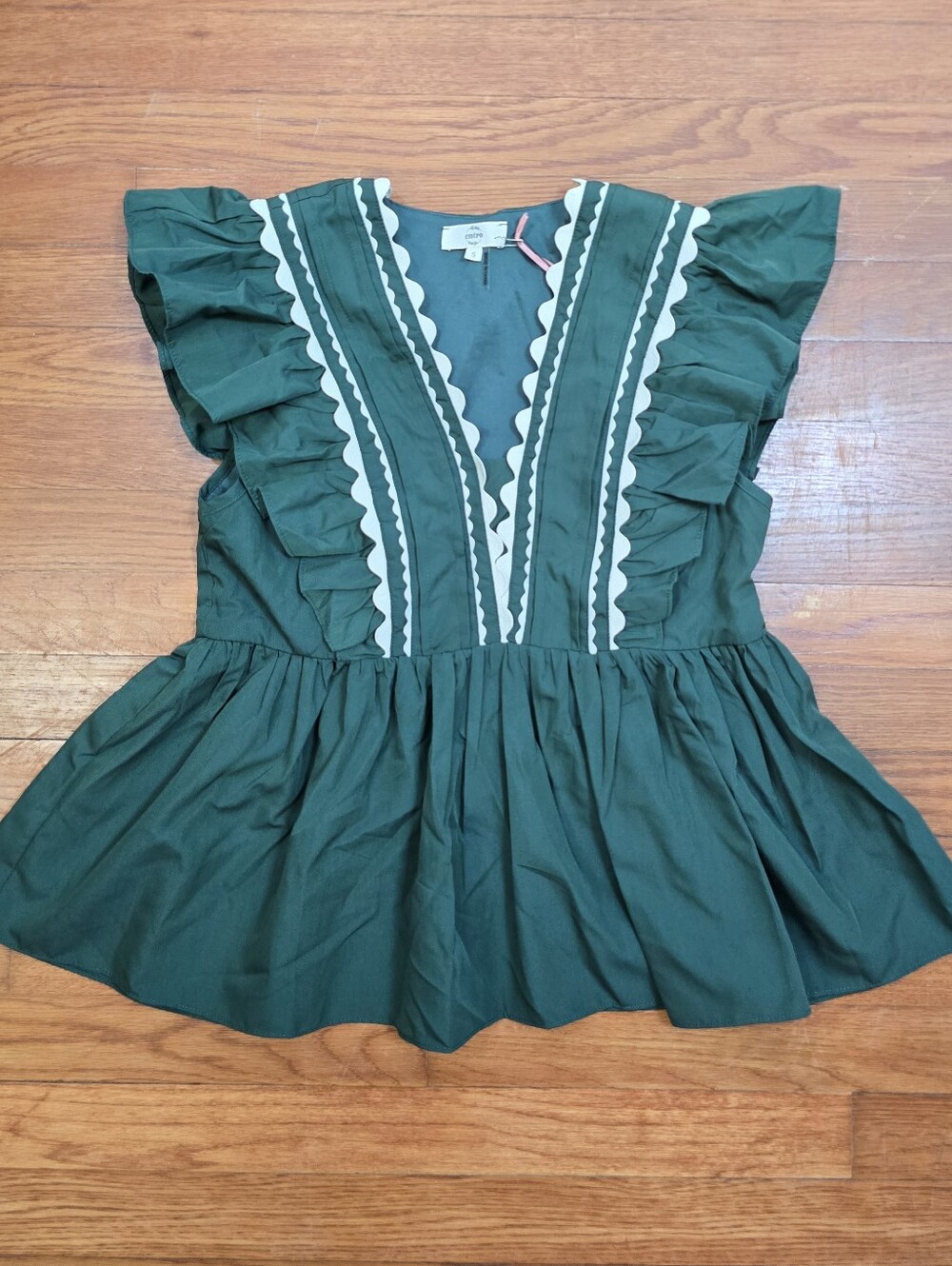 Entro Green Ric Rac Ruffle V Neck Babydoll Blouse Top Sz.S Pemplum Cottagecore - Picture 2 of 13